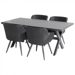 Ensemble table verre céramique + 4 fauteuils résine tressée