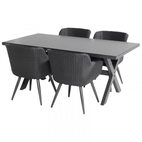 Ensemble table verre céramique + 4 fauteuils résine tressée