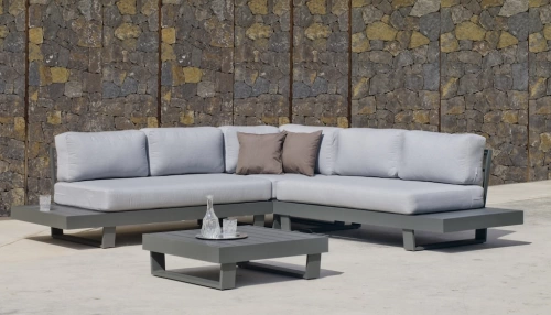 Salon de jardin Sofa Corner - MENFIS-7 LUX - Aluminium anthracite - Coussins tissu Cloud gris clair - 4 à 6 places