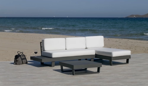 Salon de jardin Sofa Corner avec méridienne - MENFIS-99 LUX - Aluminium anthracite - Coussins tissu Liso blanc - 4 à 6 places