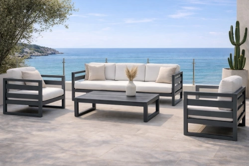 Salon de jardin - COSMOS-8 LUX - Aluminium anthracite - Coussins tissu Liso blanc - 4 à 6 places