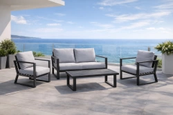 Salon de jardin - BOLONIA-7 LUX - Aluminium anthracite - Table basse bois - Coussins tissu Cloud gris clair - 4 à 5 places