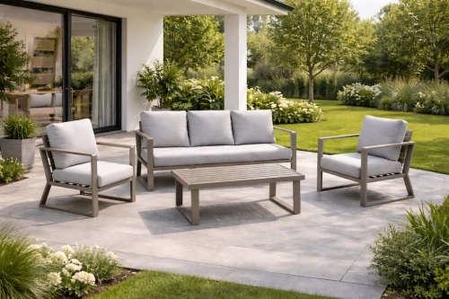 Salon de jardin – BOLONIA-8 LUX – Aluminium champagne – Table basse bois – Coussins tissu Cloud gris clair – 4 à 6 places