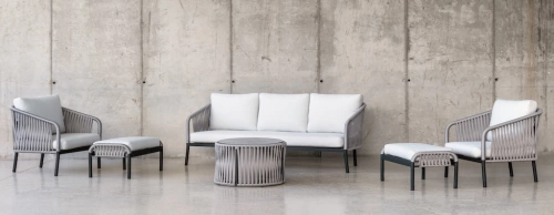 Salon de jardin avec corde – YINA-8 LUX – Aluminium anthracite – Corde grise – Coussins tissu Liso blanc – 4 à 5 places