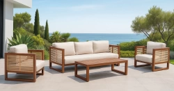 Salon de jardin – MARIET-8 SET SOFA 3 LUX – Aluminium marron/melocoton – Coussins tissu Liso blanc – 4 à 6 places