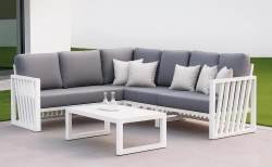 Salon de jardin Sofa Corner – ABIGEIL-28 SET RINCONERA LUX – Aluminium blanc – Coussins tissu Madelem gris foncé – 4 à 6 places