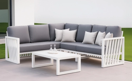 Salon de jardin Sofa Corner – ABIGEIL-28 SET RINCONERA LUX – Aluminium blanc – Coussins tissu Madelem gris foncé – 4 à 6 places