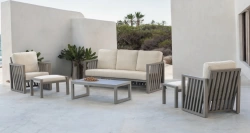 Salon de jardin – ABIGEIL-8 SET SOFA 3 PLAZAS LUX – Aluminium finition champagne – Coussins tissu Marfil beige – 4 à 6 places