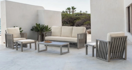 Salon de jardin – ABIGEIL-8 SET SOFA 3 PLAZAS LUX – Aluminium finition champagne – Coussins tissu Marfil beige – 4 à 6 places