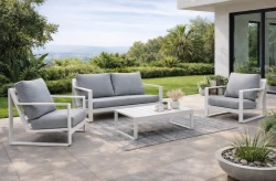 Salon de jardin sofa – ALELI-7 LUX – Aluminium finition blanc – Coussins tissu Cloud gris clair – 4 à 5 places