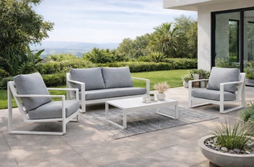 Salon de jardin sofa – ALELI-7 LUX – Aluminium finition blanc – Coussins tissu Cloud gris clair – 4 à 5 places