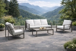 Salon de jardin sofa – ALELI-8 LUX – Aluminium finition anthracite – Coussins tissu Liso blanc – 4 à 6 places
