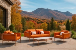 Salon de jardin sofa – ANDROS-7 COUSSIN LUX – Aluminium finition madera tropical – Coussins tissu terracota – 4 à 5 places