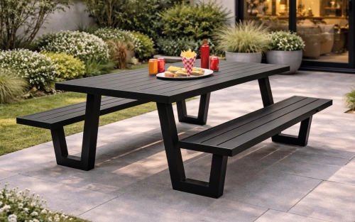 Table et bancs de jardin YULIEN – Aluminium finition anthracite – 6 à 8 places