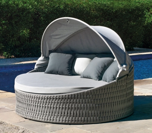 Lit de jardin rond double avec pare-soleil – TENERIFE-15 LUX – Aluminium anthracite et corde grise – Coussins gris clair