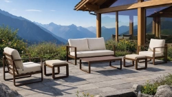 Salon de jardin sofa aluminium – DESIRA-7 LUX MESA120 – Marron – Coussins Marfil beige – 4 à 5 places