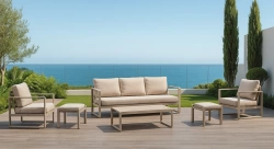 Salon de jardin sofa aluminium – DESIRA-8 LUX – Finition Nude – Coussins Rosini beige foncé – 4 à 6 places