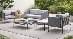 Salon de jardin sofa aluminium – LUBLIAN-8+1 LUX – Finition anthracite avec plateau HPL Argenta – Coussins Cloud gris clair – 4 à 7 places