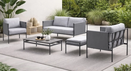 Salon de jardin sofa aluminium – LUBLIAN-8+1 LUX – Finition anthracite avec plateau HPL Argenta – Coussins Cloud gris clair – 4 à 7 places