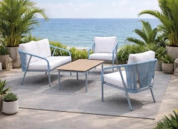 Salon de jardin sofa aluminium et corde – MELBOURNE-7 LUX – Finition azul avec corde azul et plateau HPL Maderma – Coussins Liso blanc – 4 à 5 places