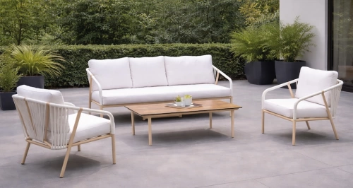 Salon de jardin sofa aluminium et corde – MELBOURNE-8 LUX – Finition mélocoton avec corde blanche et plateau HPL Maderma – Coussins Liso blanc – 4 à 6 places