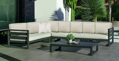 Salon de jardin sofa d’angle aluminium – COSMOS-29 RINCONERA LUX – Finition anthracite – Coussins Marfil beige – 4 à 8 places