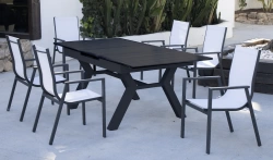 Salon à manger de jardin avec table extensible aluminium – SANTANIA-SIDNEY/6 – Finition anthracite – Assises textilène blanc – 6 places