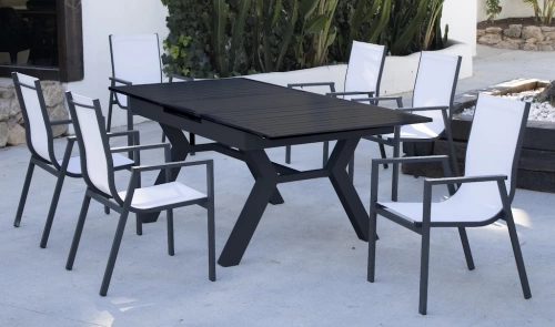 Salon à manger de jardin avec table extensible aluminium – SANTANIA-SIDNEY/6 – Finition anthracite – Assises textilène blanc – 6 places