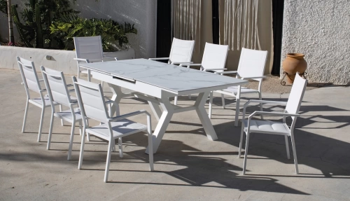 Salon à manger de jardin avec table extensible – SANTANIA-PRISCILLA/8 – Finition blanc avec plateau HPL Diva – Assises textilène blanc – 8 places