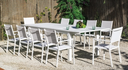 Salon à manger de jardin avec table extensible – CAMELIA ALU EXT 220-300 CORCEGA/10 – Finition blanc – Assises textilène blanc – 10 places