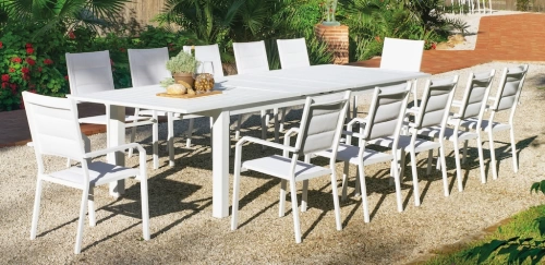 Salon à manger de jardin avec table extensible – ORINOCO ALU EXT PRISCILLA/8 – Finition blanc – Assises textilène blanc – 8 places
