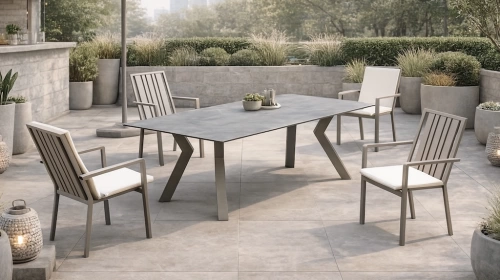 Salon à manger de jardin – VENETO HPL 220 PAOLA/6 – Plateau HPL imitation pierre – Assises coussin luxe – 6 places