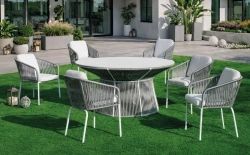 Salon à manger de jardin – RHODOS 150 HPL TULIP/6 – Table ronde HPL – Fauteuils avec coussins LUX – 6 places