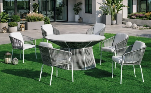 Salon à manger de jardin – RHODOS 150 HPL TULIP/6 – Table ronde HPL – Fauteuils avec coussins LUX – 6 places