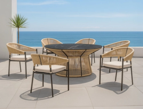 Salon à manger de jardin – RHODOS 150 HPL ESPINEL/6 – Table ronde HPL – Fauteuils avec coussins LUX – 6 places