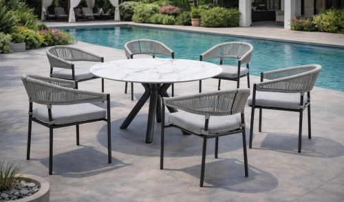 Salon à manger de jardin – PALAWAN 150 HPL ESPINEL/6 – Table ronde HPL – Fauteuils avec coussins LUX – 6 places