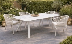 Salon à manger de jardin – PALAWAN 220 HPL MIAMI/6 – Table rectangulaire HPL – Fauteuils tressés avec coussins LUX – 6 places