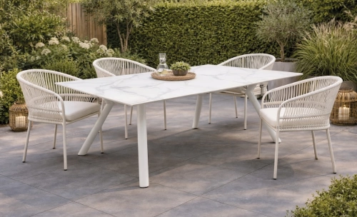 Salon à manger de jardin – PALAWAN 220 HPL MIAMI/6 – Table rectangulaire HPL – Fauteuils tressés avec coussins LUX – 6 places
