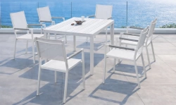 Salon à manger de jardin – NALOA 200 ALU MOASIS/6 – Table aluminium – Fauteuils textilène avec accoudoirs tressés – 6 places