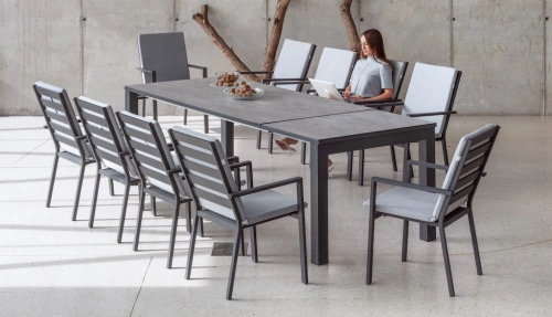 Salon à manger de jardin – BAIRON 200/275 HPL PALMA-3 LUX – Table extensible HPL – Fauteuils avec coussins complets – 10 places