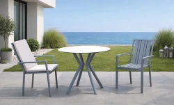 Ensemble bistrot de jardin – BEIRUT Ø80 HPL PAOLA-3 LUX – Table ronde HPL – Fauteuils avec coussins complets – 2 places