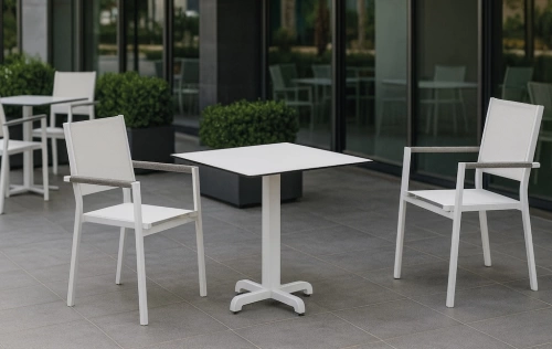 Ensemble bistrot de jardin – LANZAROTE 80 x 80 HPL MOASIS-3 – Table carrée HPL – Fauteuils textilène – 2 places