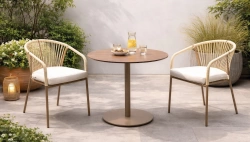 Ensemble bistrot de jardin – VASELIN Ø80 HPL ALDEREN-3 LUX – Plateau HPL effet bois – Fauteuils avec coussins – 2 places