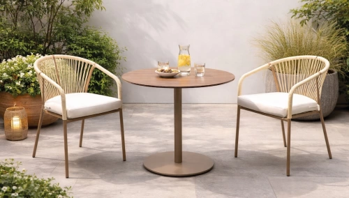 Ensemble bistrot de jardin – VASELIN Ø80 HPL ALDEREN-3 LUX – Plateau HPL effet bois – Fauteuils avec coussins – 2 places