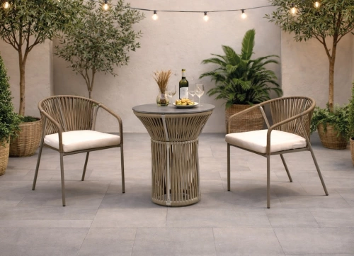 Ensemble bistrot de jardin – RODHOS ALDEREN – Table rond, 2 fauteuils avec coussins LUX – Plateau HPL effet marbre noir – 2 places