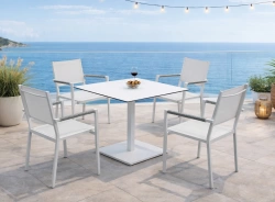 Ensemble bistrot de jardin – BRISOL MOASIS – Table carrée 80 × 80 cm et 4 fauteuils en textilène – Plateau HPL blanc – 4 places