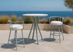 Ensemble bistrot bar NEMUS MARIET – Table bar Ø90 cm et 2 tabourets imperméables – Plateau HPL blanc – 2 places