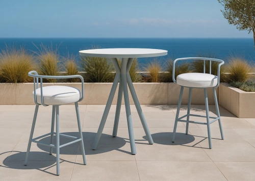 Ensemble bistrot bar NEMUS MARIET – Table bar Ø90 cm et 2 tabourets imperméables – Plateau HPL blanc – 2 places