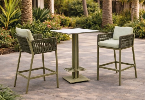 Ensemble bistrot bar - CANVAS CATANIA – Table haute - 2 tabourets bar avec coussins – Plateau HPL blanc – 2 places