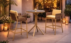 Ensemble bistrot bar - GIGLIO CATANIA – Table haute Ø80 cm et 2 tabourets bar avec coussins – Plateau HPL – 2 places